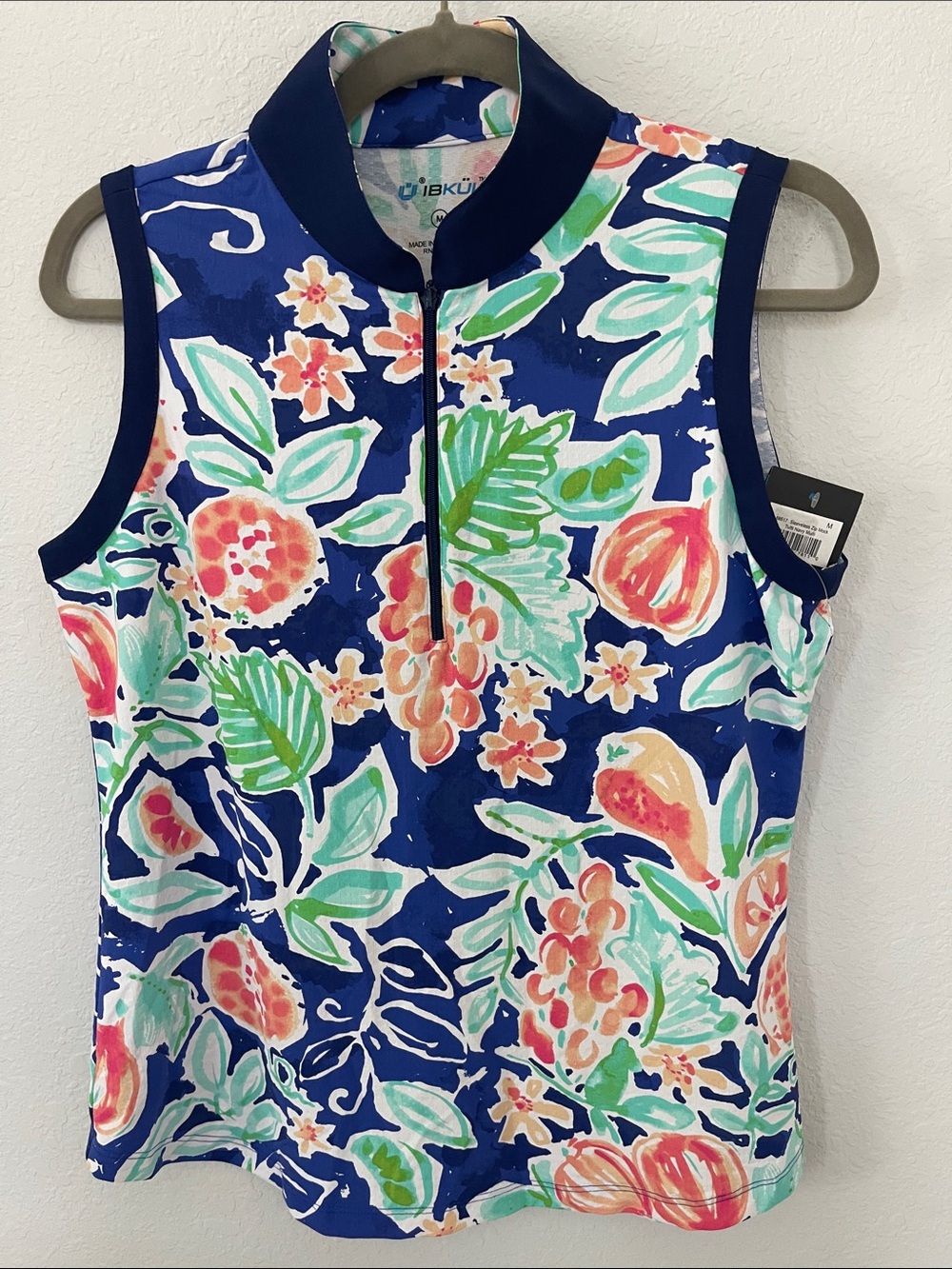 Women’s IBKUL Sleeveless Quarter-Zip Golf Navy Floral UPF 50+ Sun Protection Top